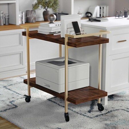 Martha Stewart Liam 2-Tier Walnut Mobile Wood Grain Office Storage and Printer Cart w/Polished Brass Frame NAN-JH-17107-BR-GLD-MS